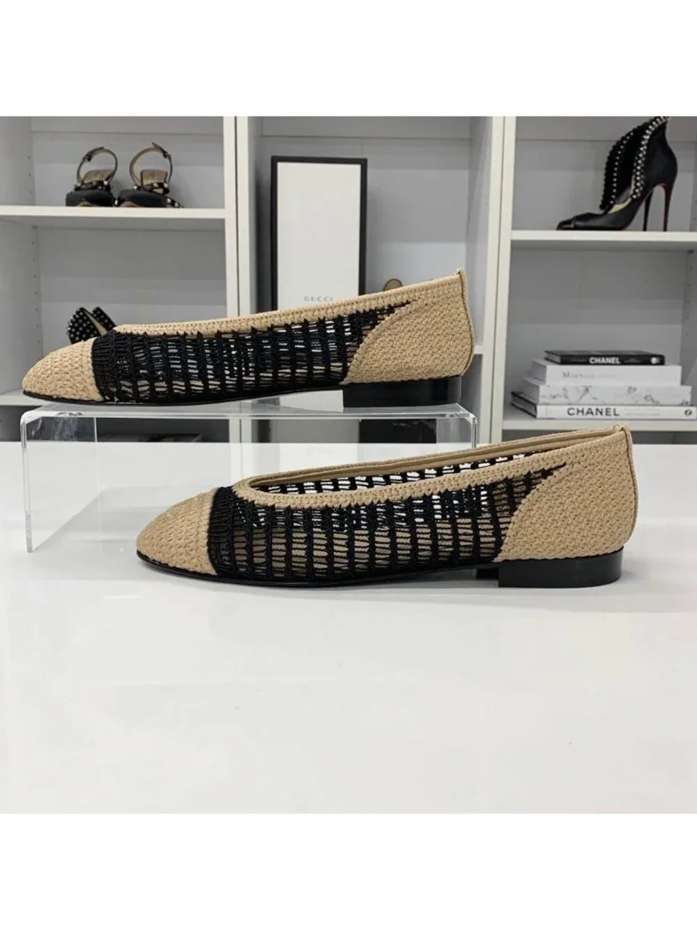 Chanel Ballerina CC Logo Raffia Ballet Shoes Beige